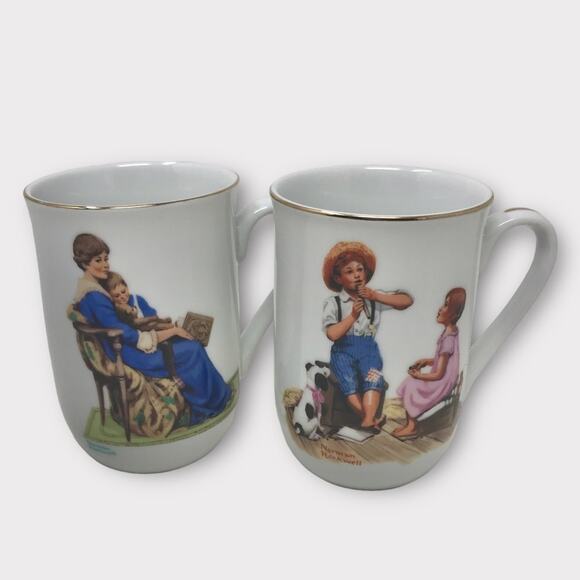 Norman Rockwell 2 Porcelain Mugs "Bedtime" & "Music Master" Vintage 1982 - Picture 1 of 11